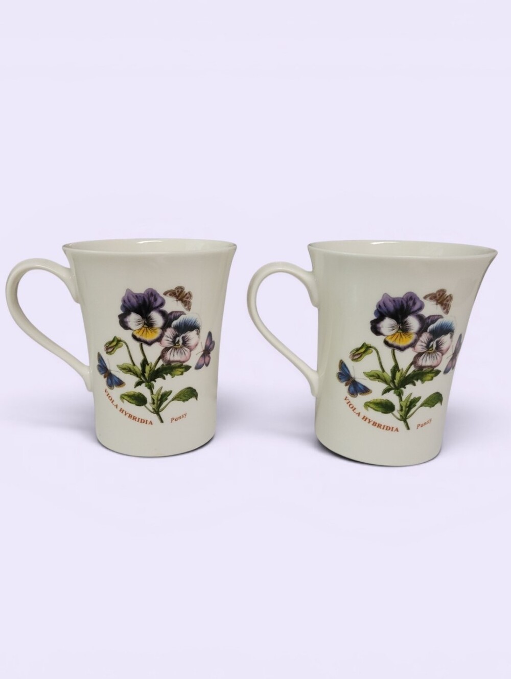 Portmeirion White & Purple Floral Pansy Ceramic Mug Set - 2 Pack With Spoons